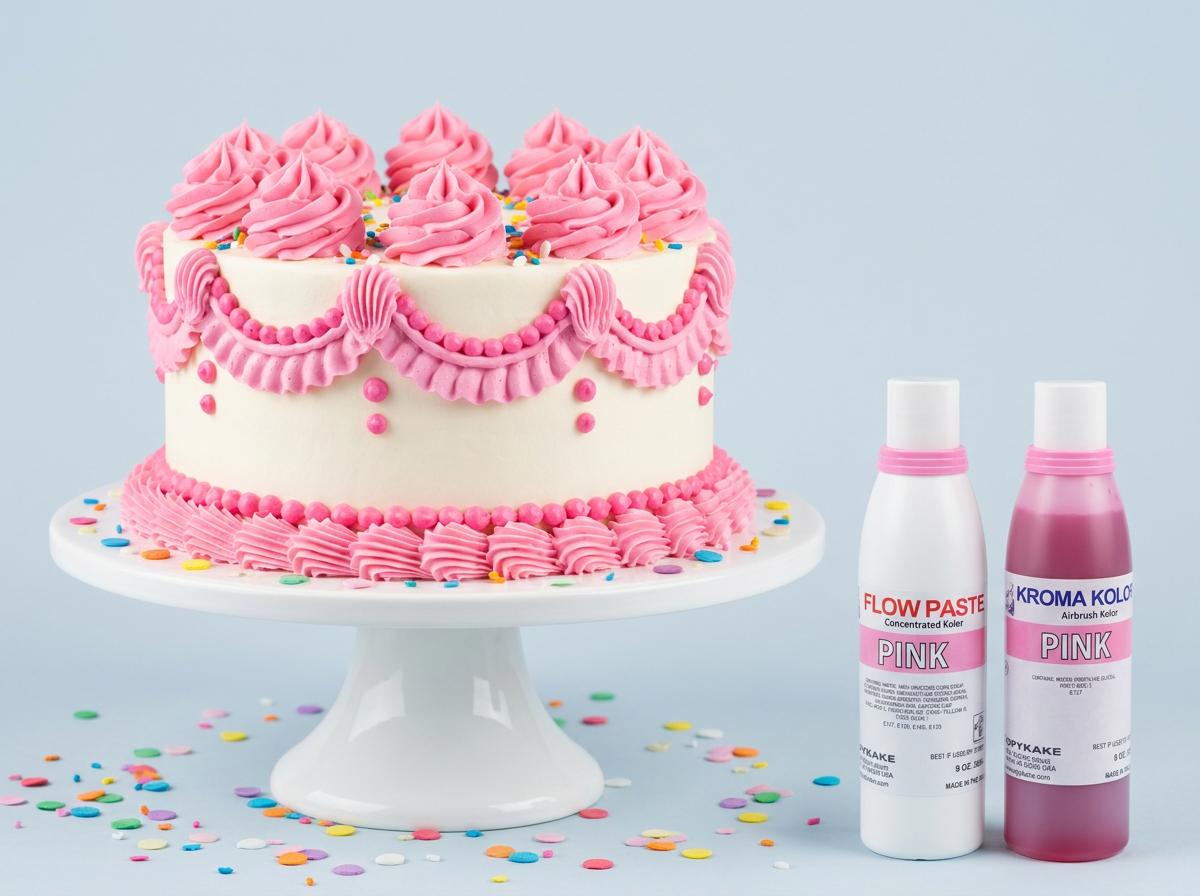 Fun cake with pink icing borders alongside Kopykake Pink Kroma Kolor and Flow Paste bottles