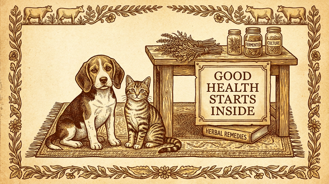 Vintage almanac illustration of a puppy and cat with botanical specimens — digestive health guide
