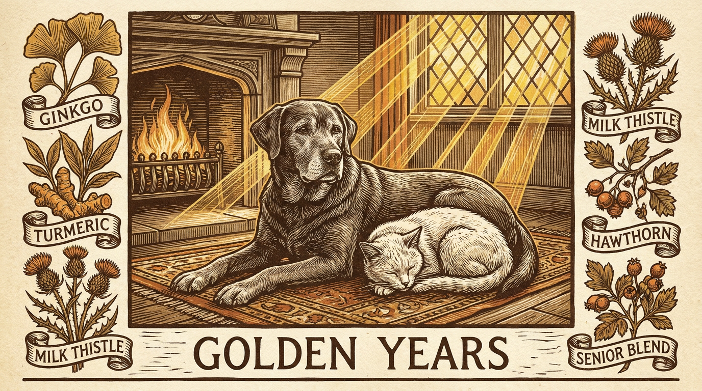 Vintage woodcut of a gray-muzzled dog and white senior cat in golden autumn light — senior pet wellness guide