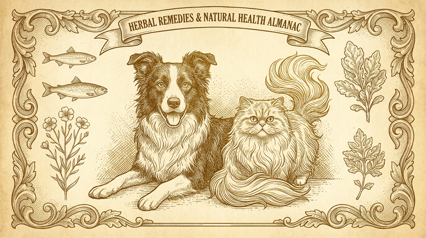 Vintage etching of a border collie and persian cat with botanical omega-3 specimens — skin and coat guide