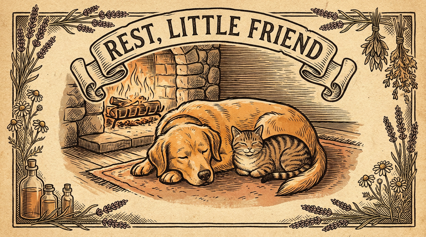Vintage woodcut illustration of a calm dog and cat by a stone fireplace with lavender botanicals — calming supplement guide