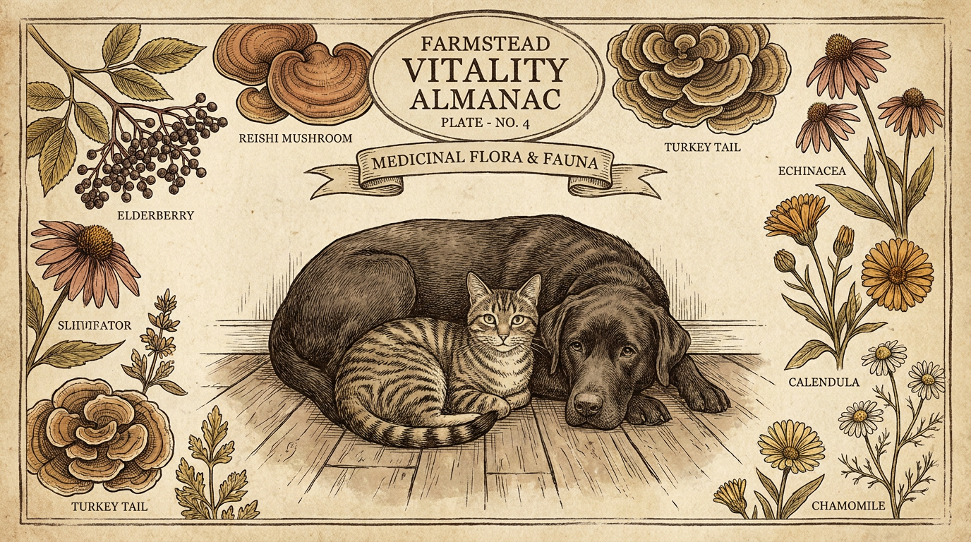 Vintage naturalist etching of a dog and cat surrounded by medicinal mushrooms and botanical herbs — immune support guide
