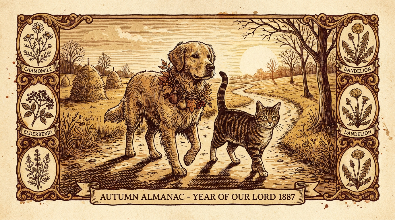 Vintage illustration of a dog and cat walking in an autumn meadow — joint health guide