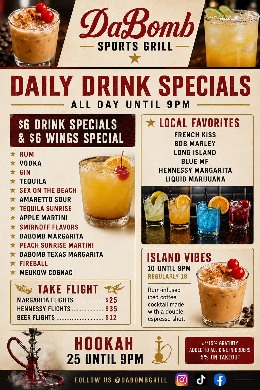 DaBomb Sports Grill Daily Drink Specials