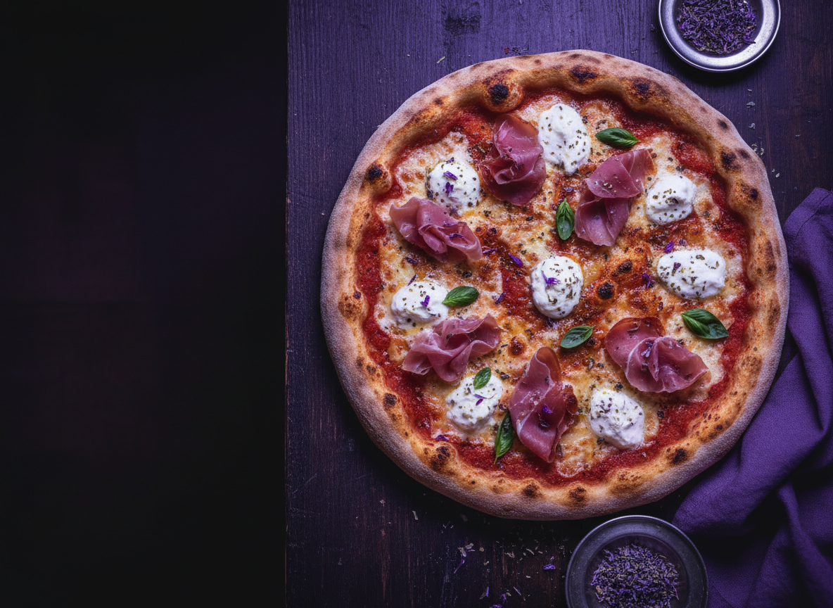 Homemade pizza with purple ambient lighting