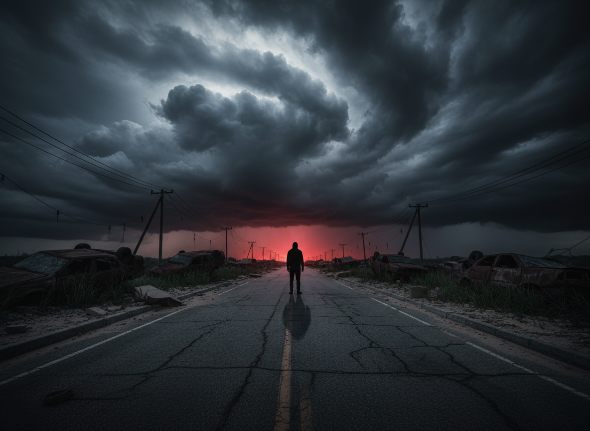 Solitary silhouette on an empty road at dusk