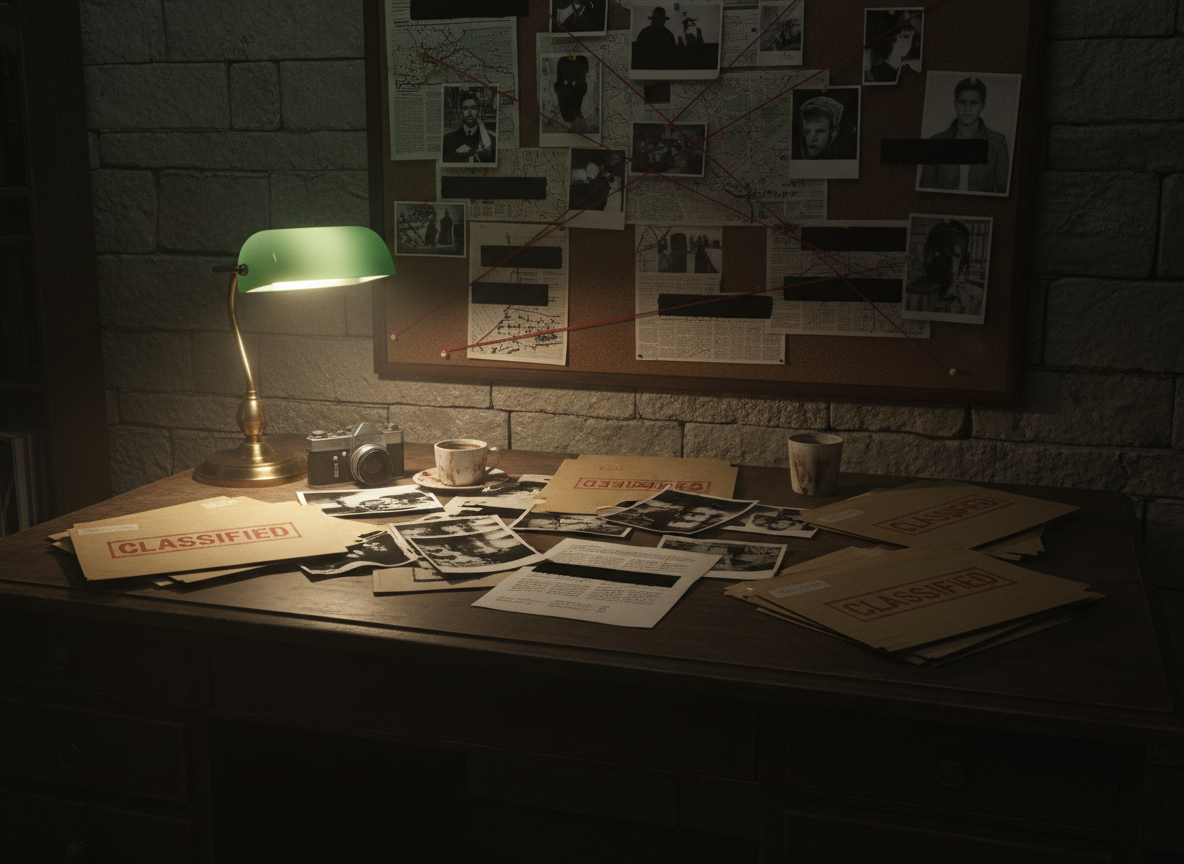 Classified investigation desk with redacted documents and evidence board