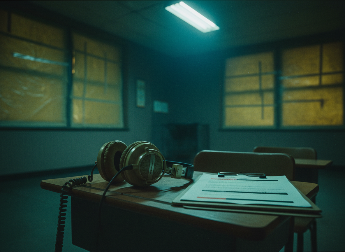 Vintage headphones on a school desk in a dim room