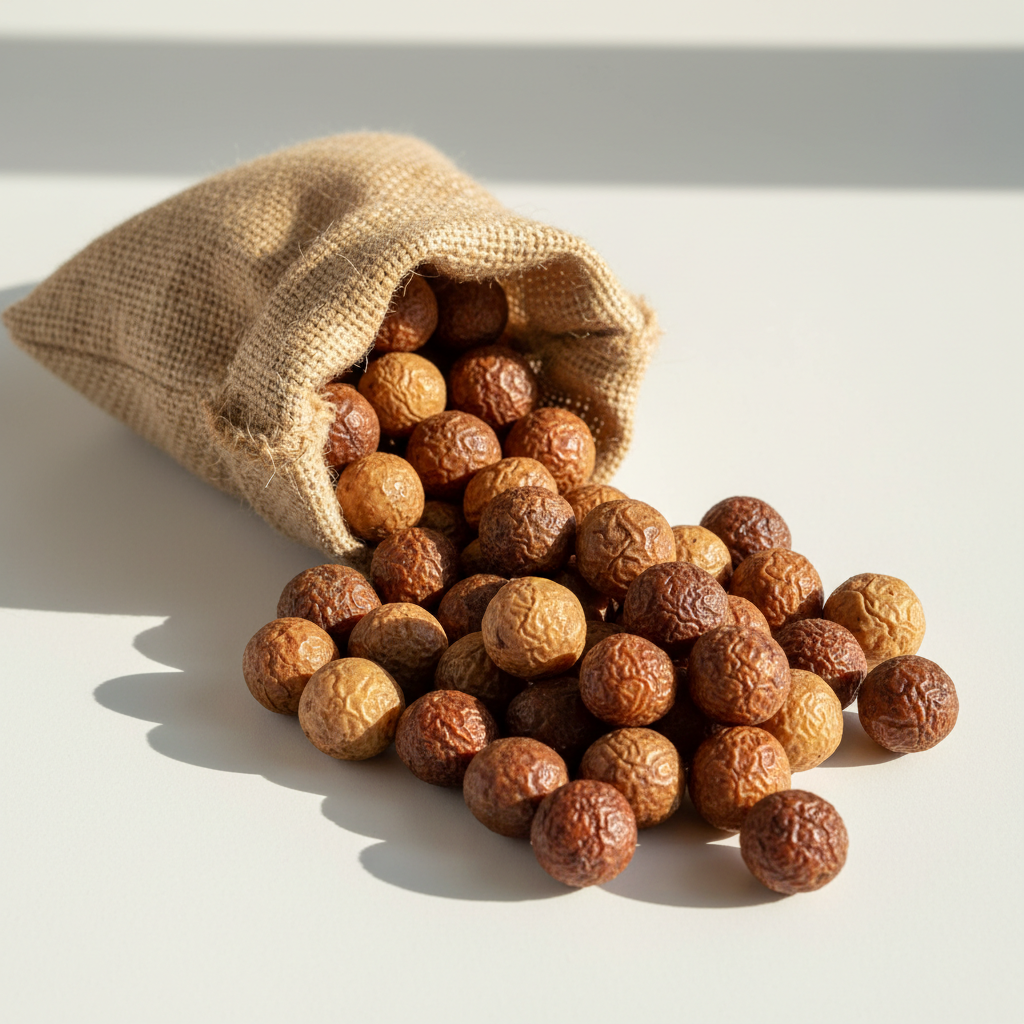 Soap nuts in a burlap sack