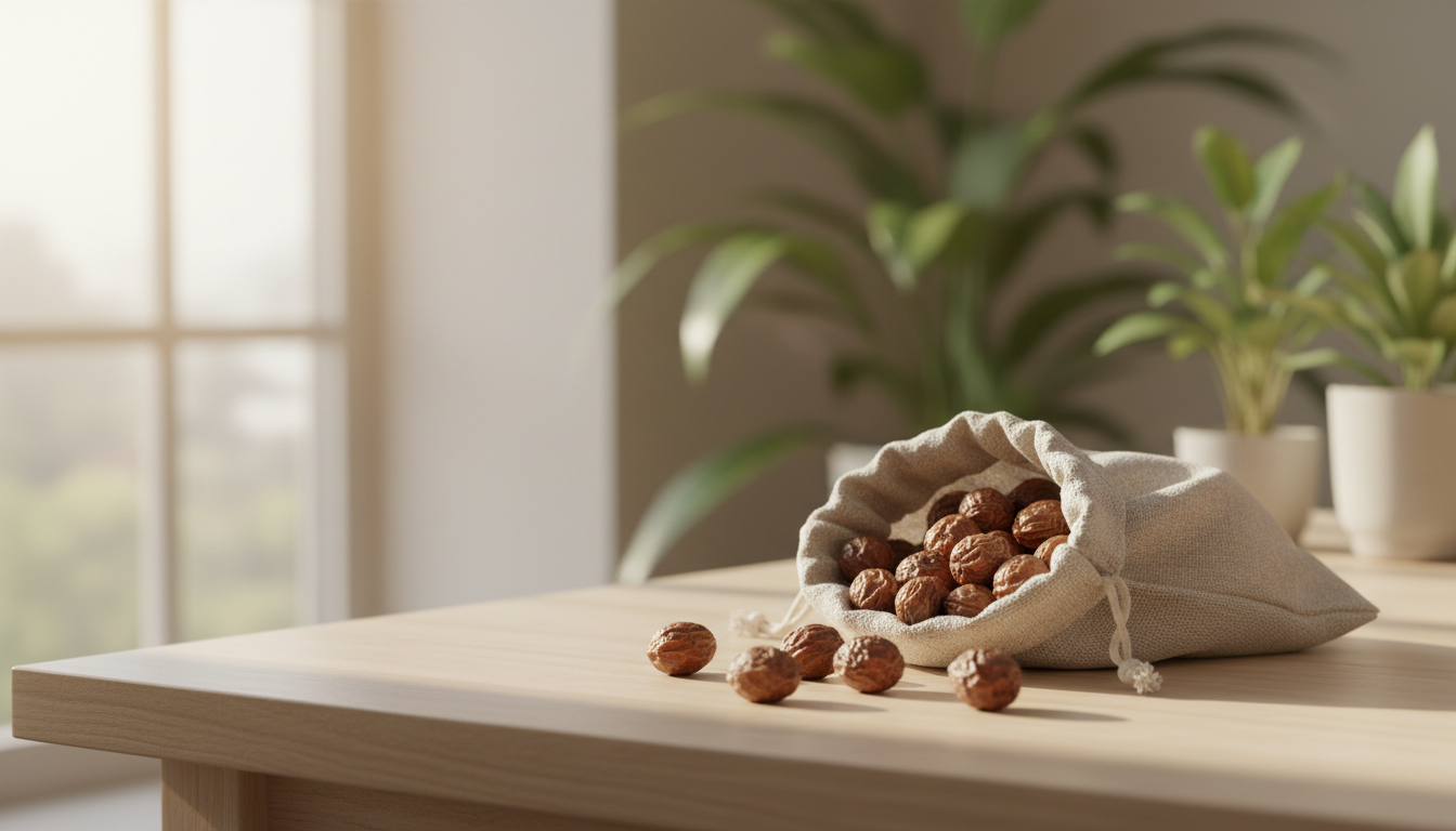 Soap nuts in a linen bag on a wooden table