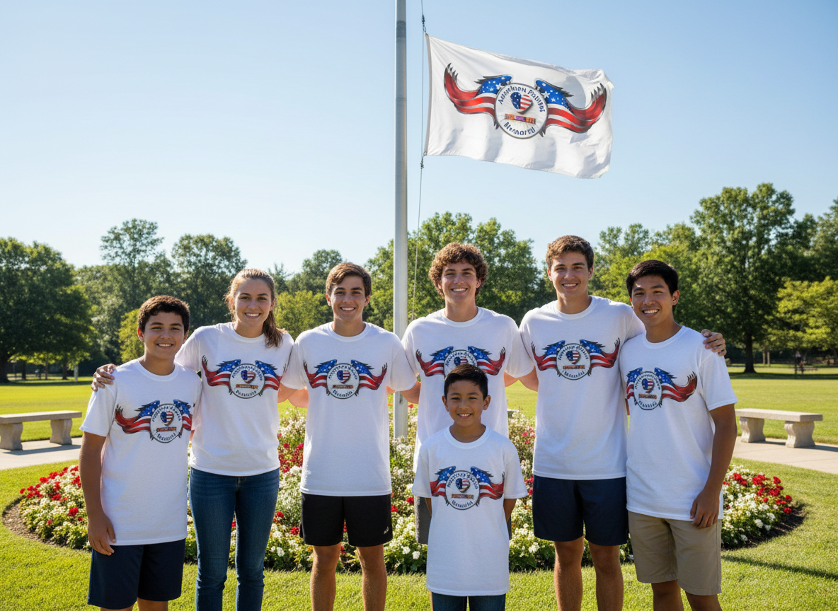 Young Patriots in APM logo t-shirts standing together at a memorial park with the American Patriot Memorial flag flying on a flagpole