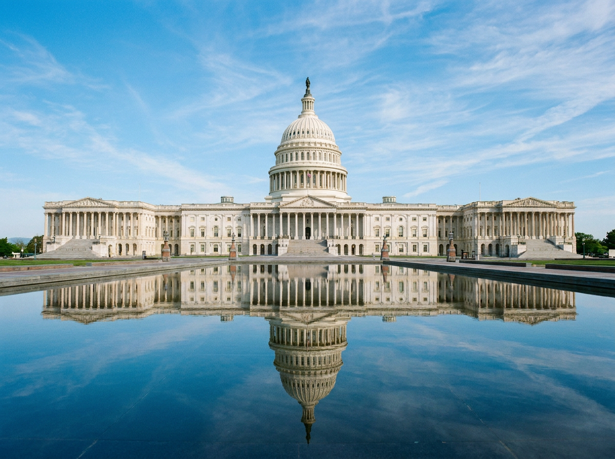US Capitol building reflected over the Capitol Reflecting Pool at golden hour