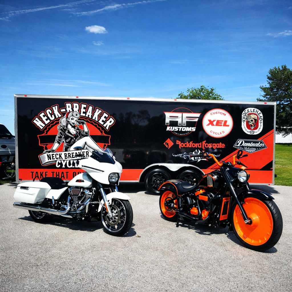Neck Breaker Cycles bikes in front of branded trailer