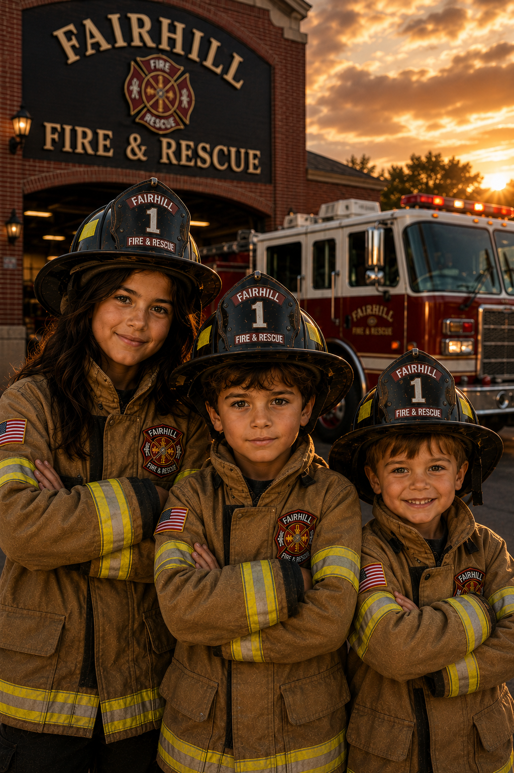 Samantha, Eli, and Sammy in Fairhill firefighter gear