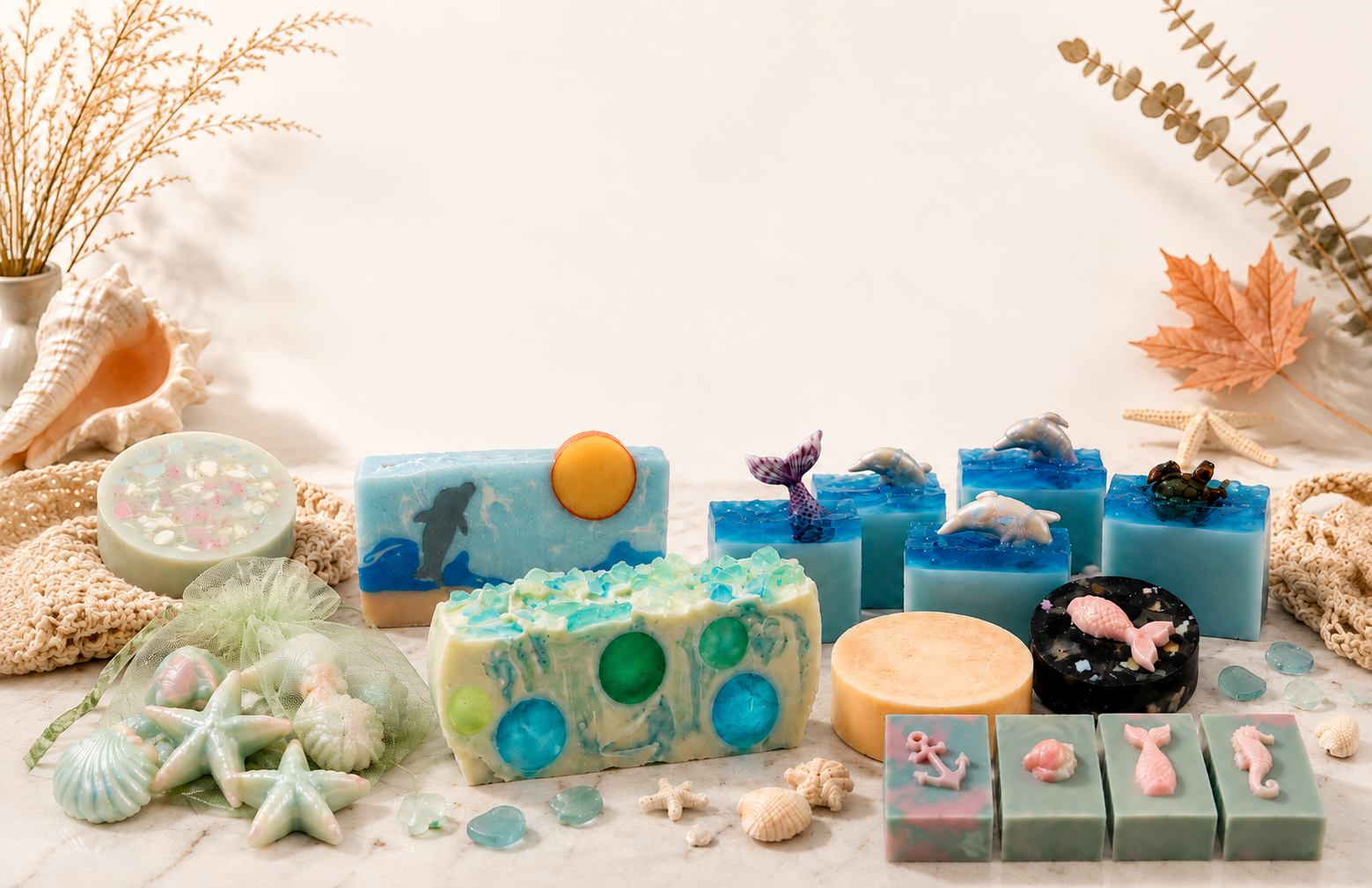 Magnolia Mermaid handcrafted ocean-themed artisan soaps featuring mermaid tails, dolphins, sea creatures, and coastal-inspired bars