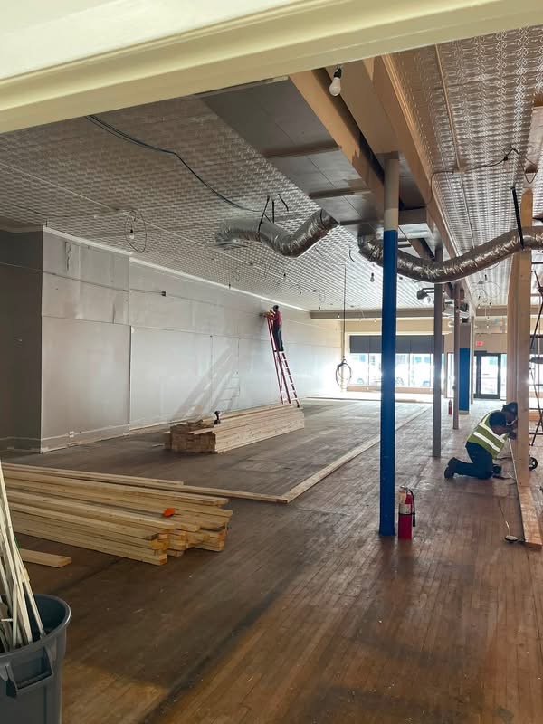 Construction — studio framing and tin ceiling