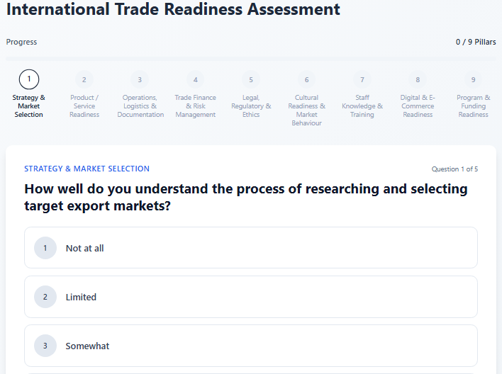 ExportReady 45-question assessment interface showing the 9-pillar framework