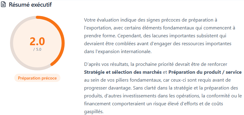 Sommaire exécutif ExportReady en français avec score de préparation et interprétation stratégique
