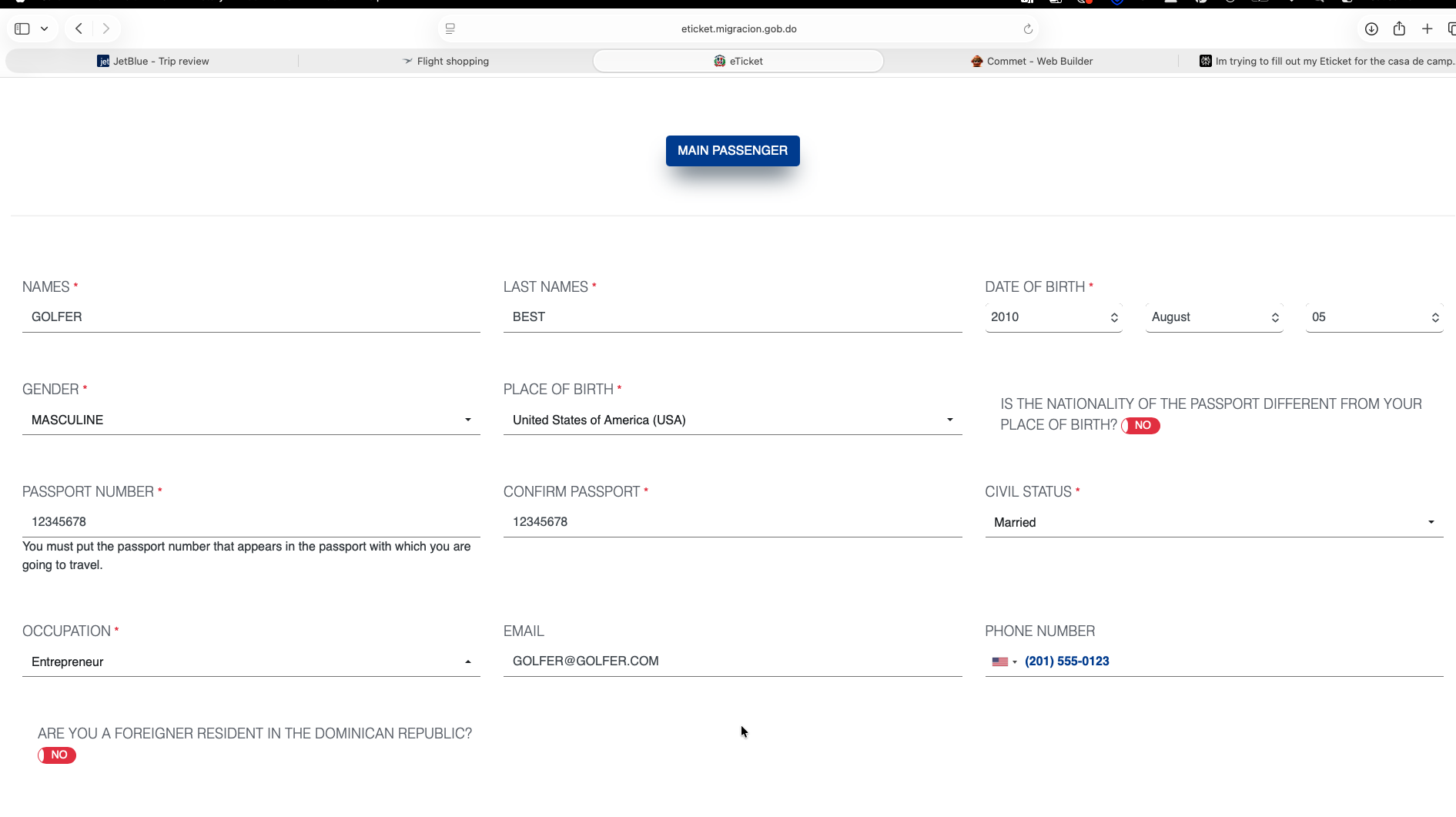 Dominican Republic eTicket - Enter Main Passenger Information Step 7 - Enter Main Passenger Information
