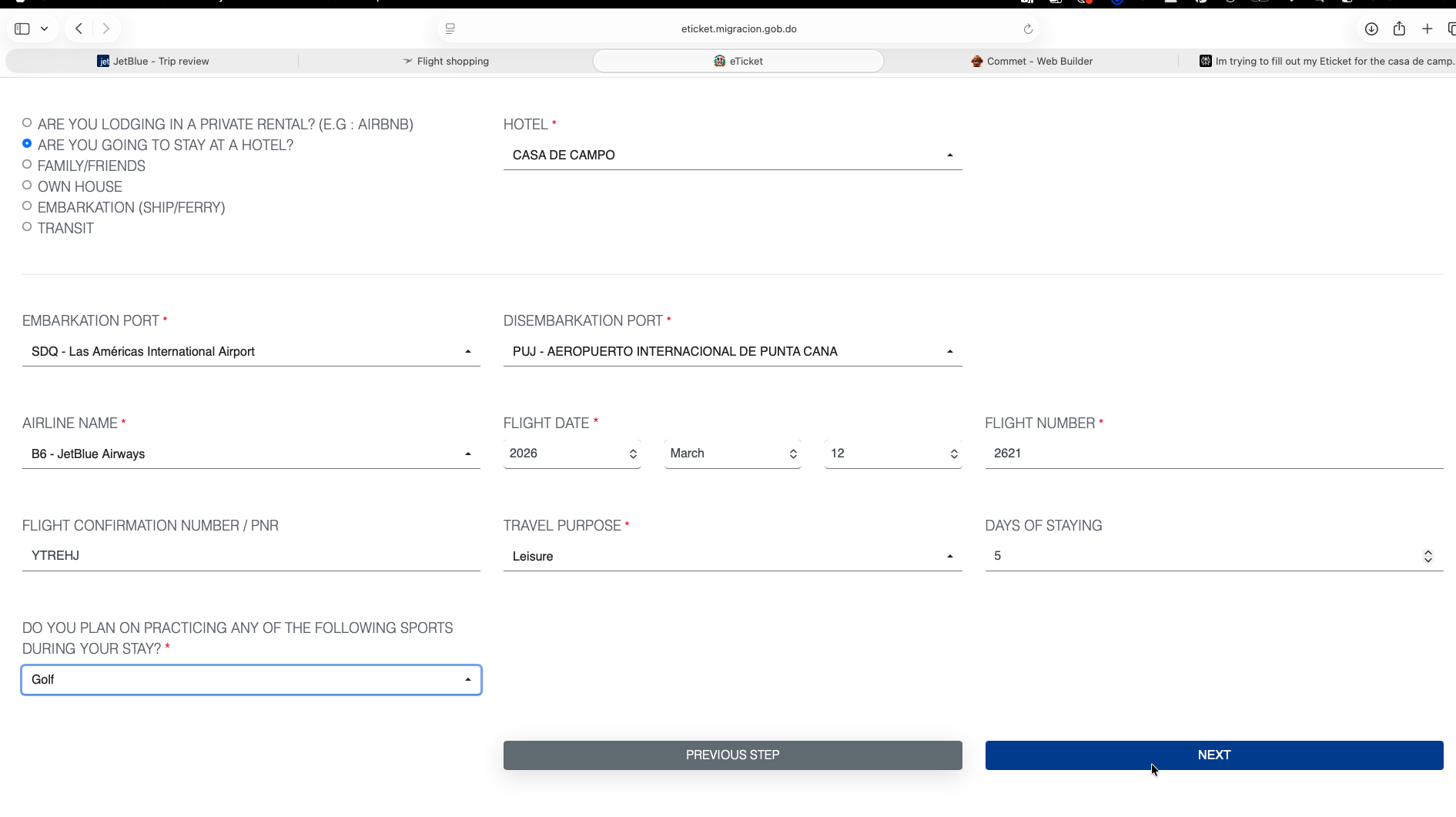 Dominican Republic eTicket - Enter Travel and Lodging Details Step 8 - Enter Travel and Lodging Details