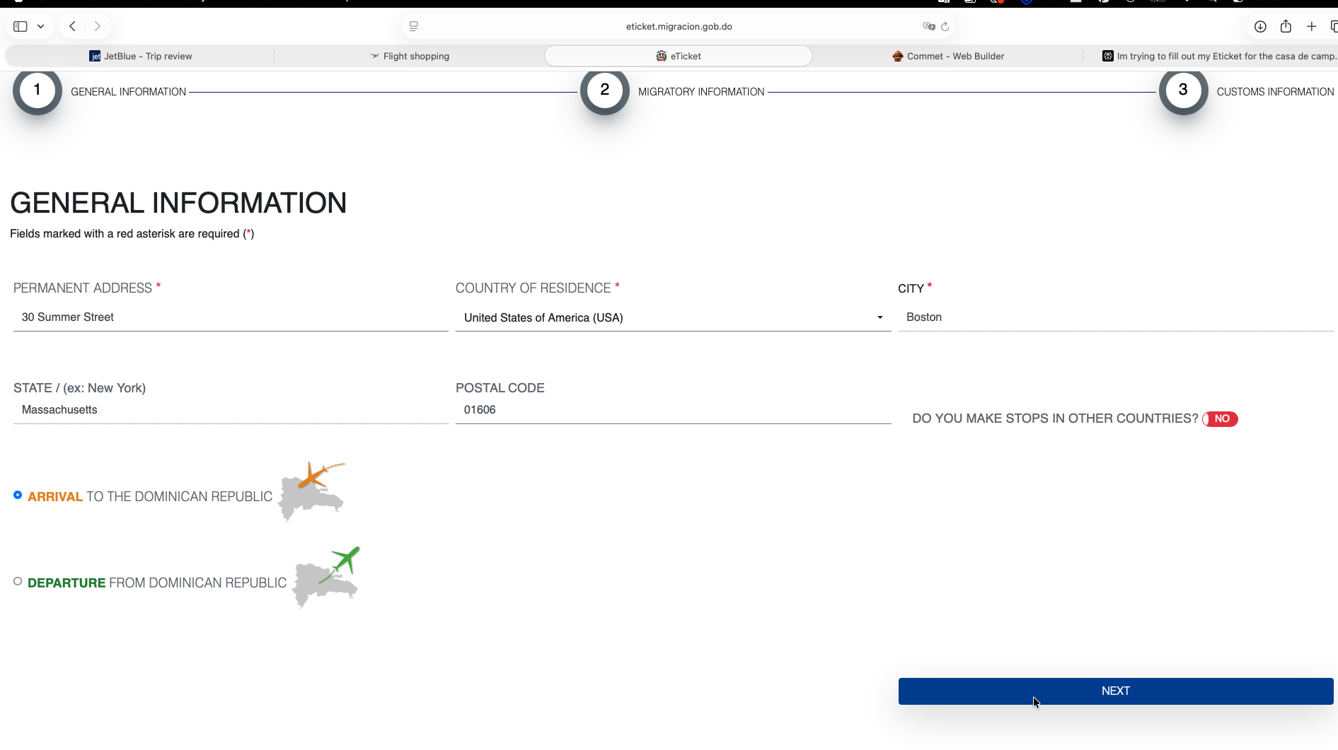 Dominican Republic eTicket - Enter Your Address and Arrival Details Step 6 - Enter Your Address and Arrival Details