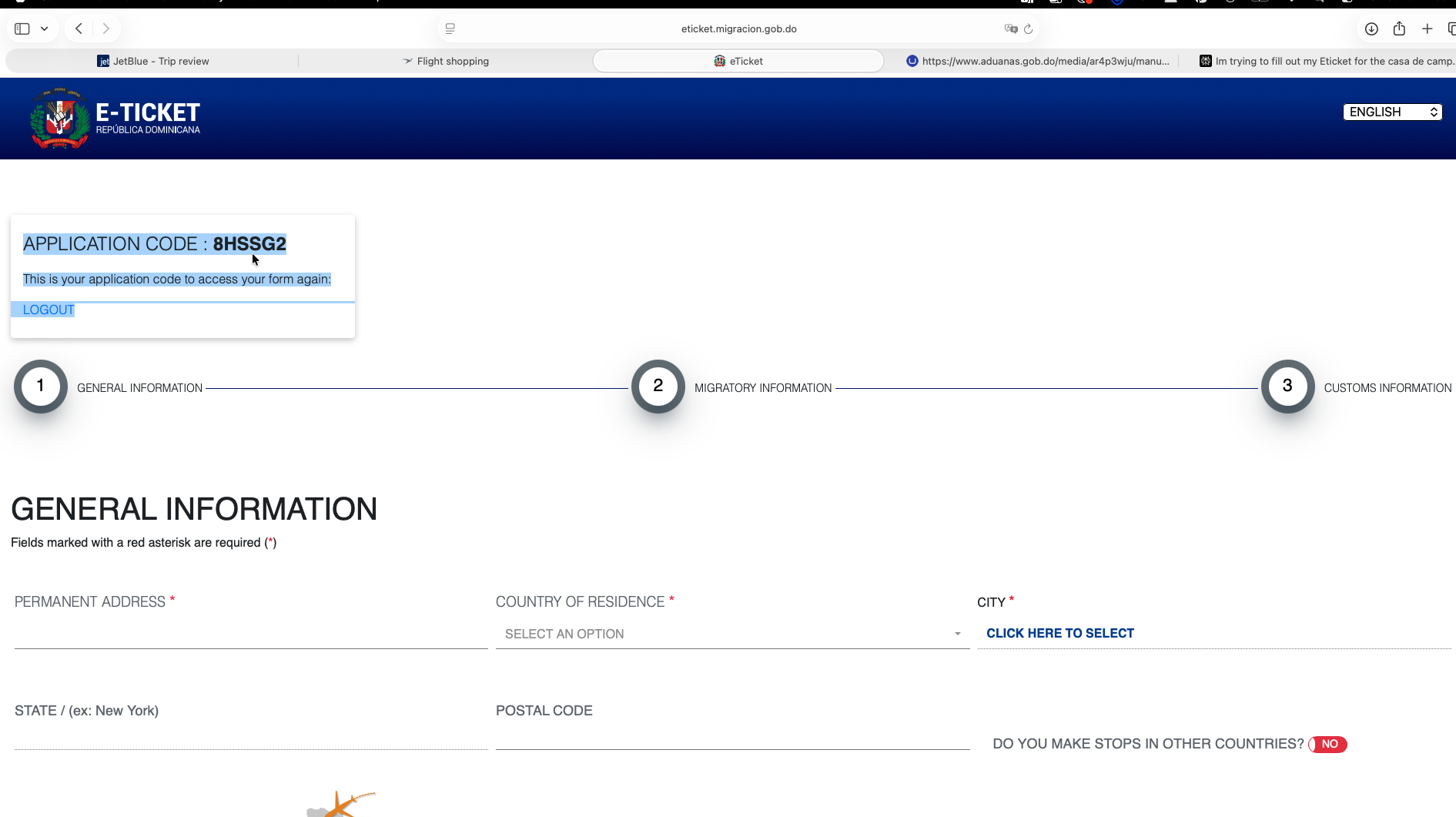 Dominican Republic eTicket - Application Code & Sections Step 4 - Application Code & Sections