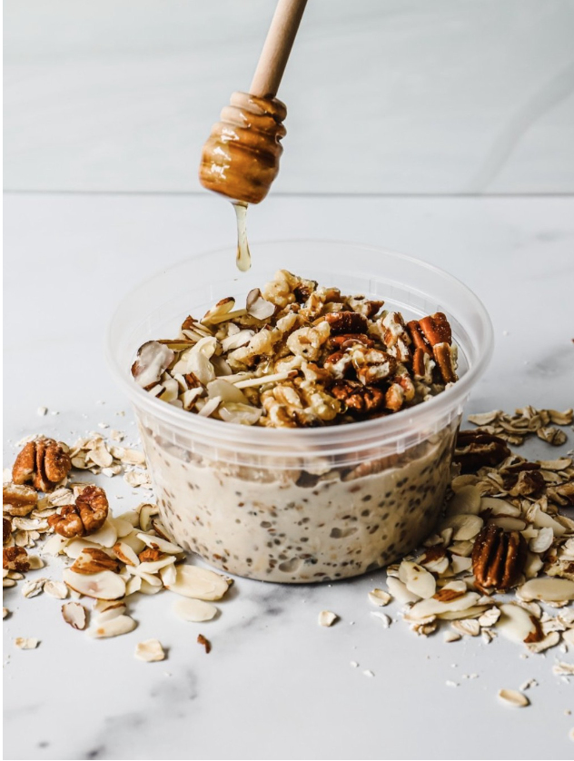 Overnight oats with honey, pecans and almonds