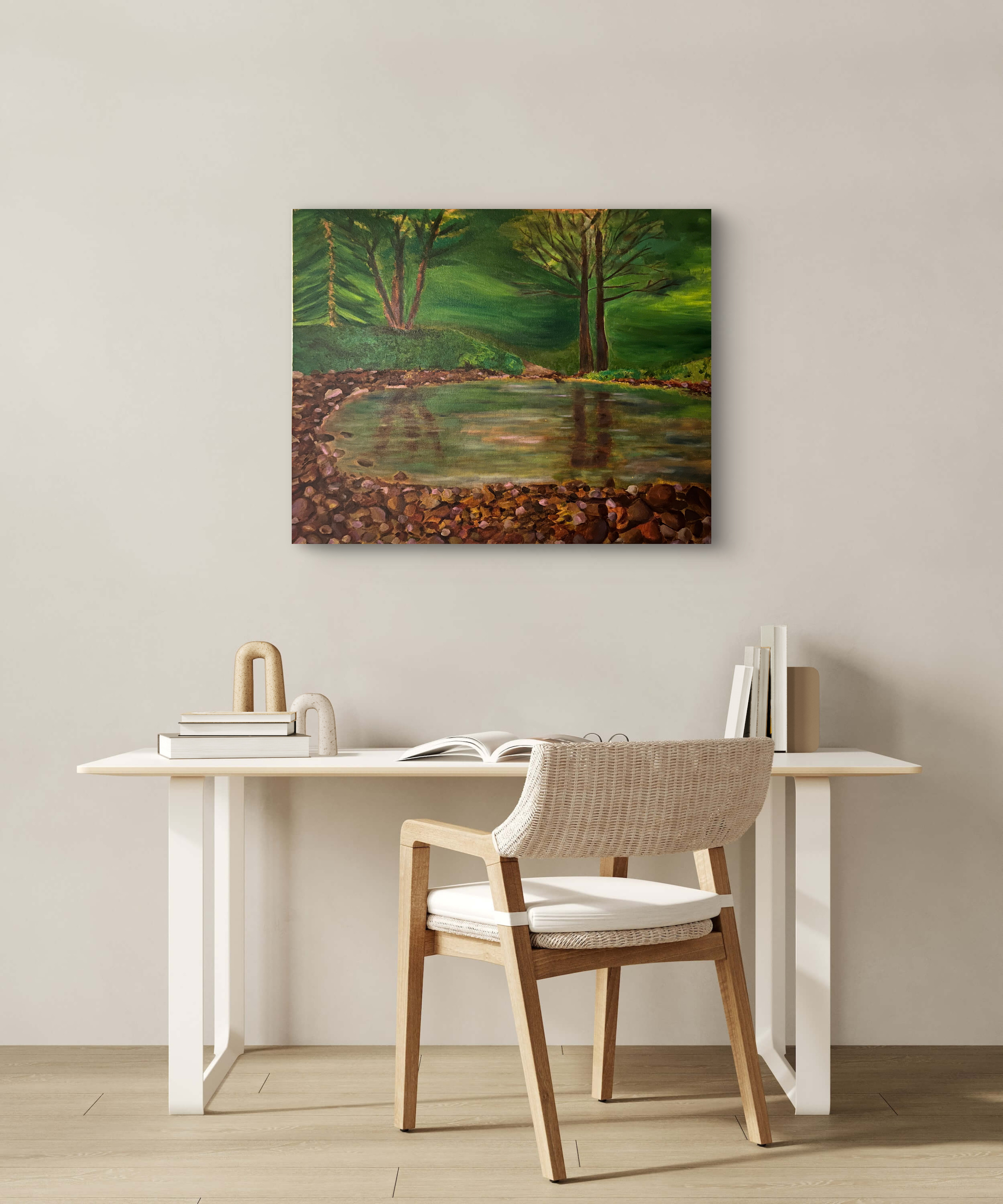 Forest pond oil painting with lush green trees reflected in still water