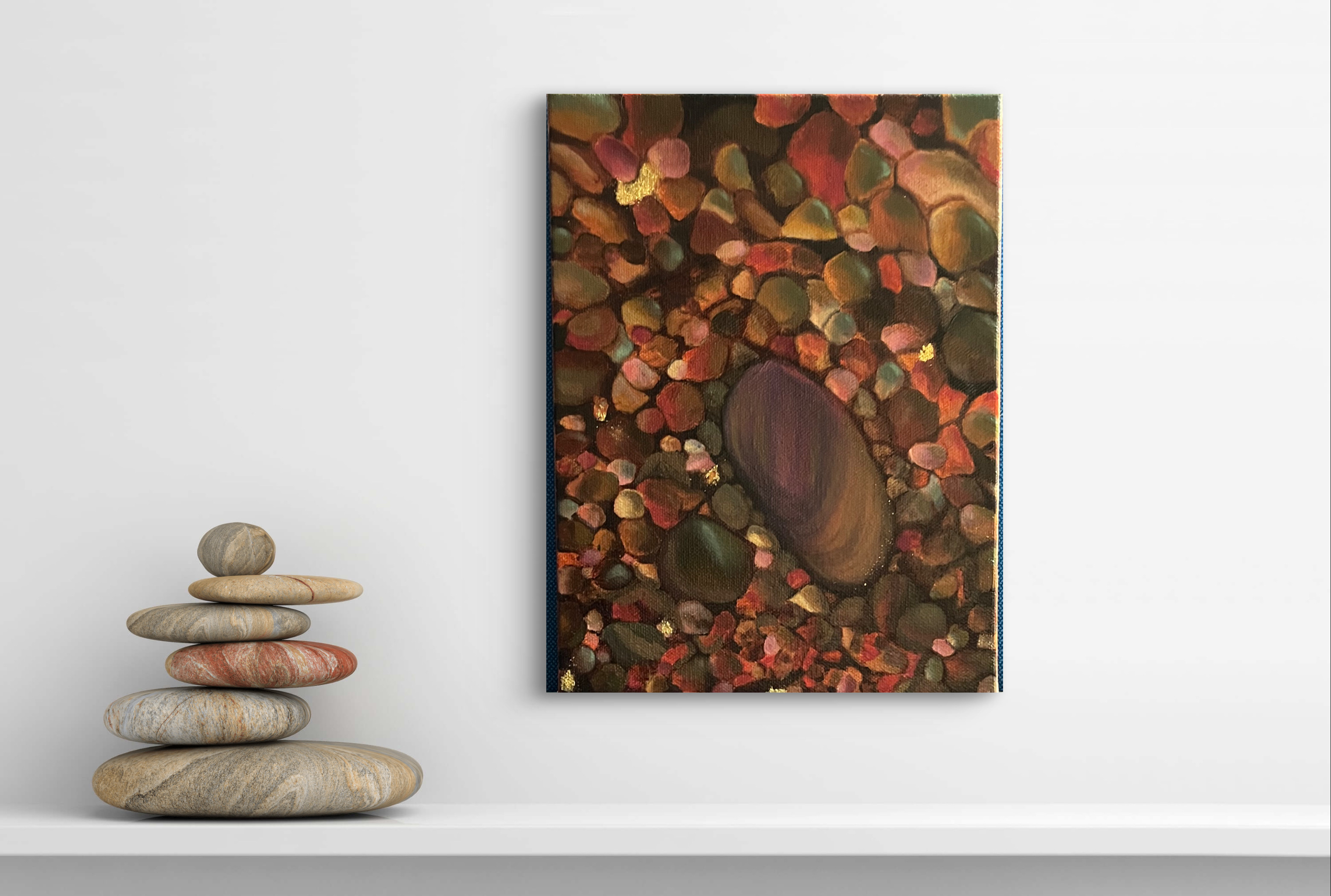 River stones oil painting with warm earth tones and gold leaf accents