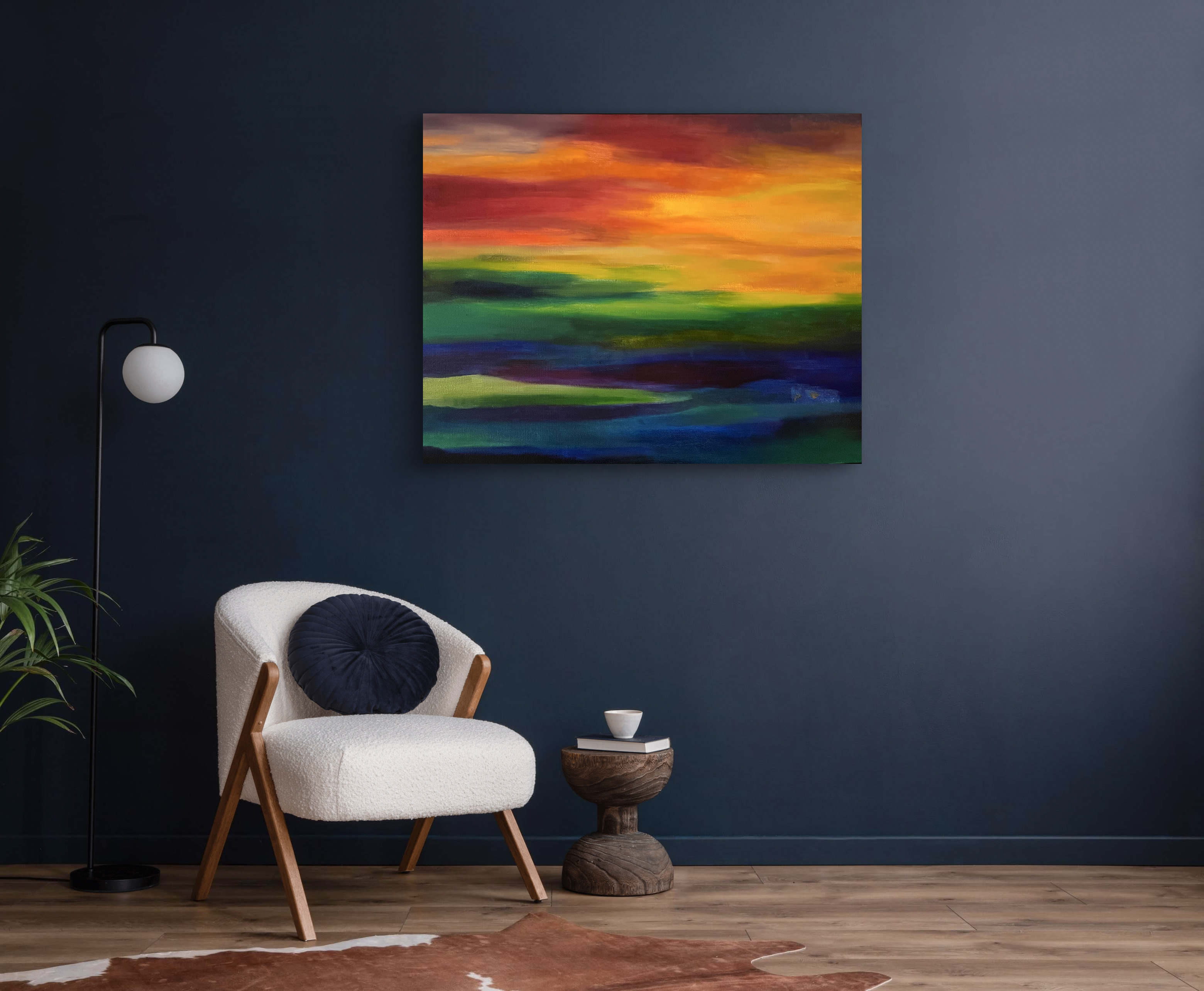 Vibrant abstract sunset landscape with bold orange, green, and blue tones