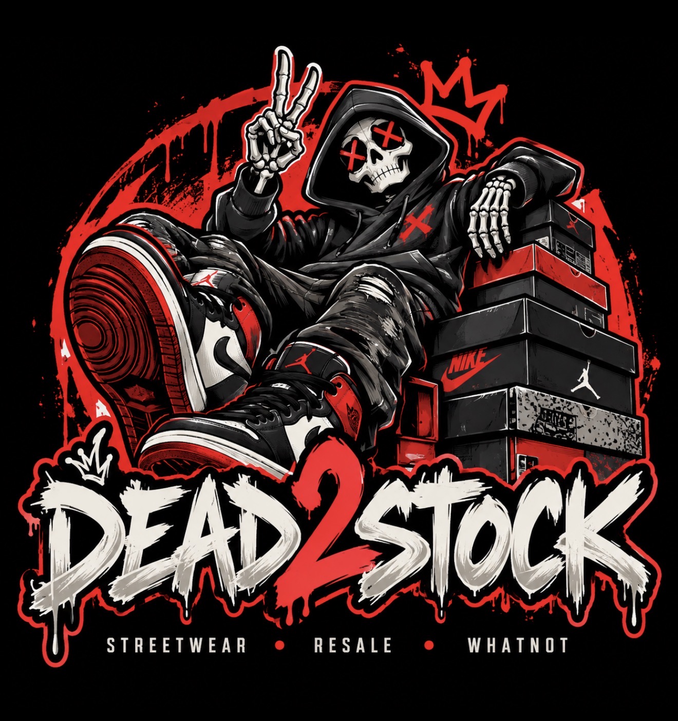 Dead2Stock logo - skeleton with sneakers and shoe boxes
