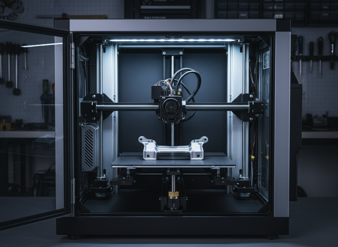 Industrial 3D printer with automotive bracket on heated bed