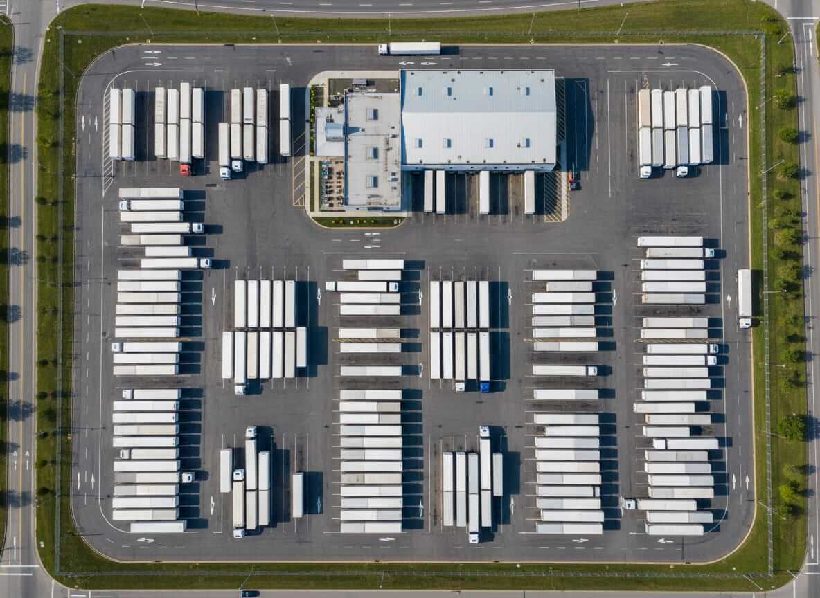 Straight-down aerial view of large distribution yard with warehouse — ideal for batch service days