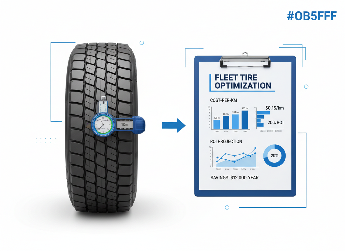 Fleet tire cost-per-km ROI analysis with tread depth gauge and spreadsheet