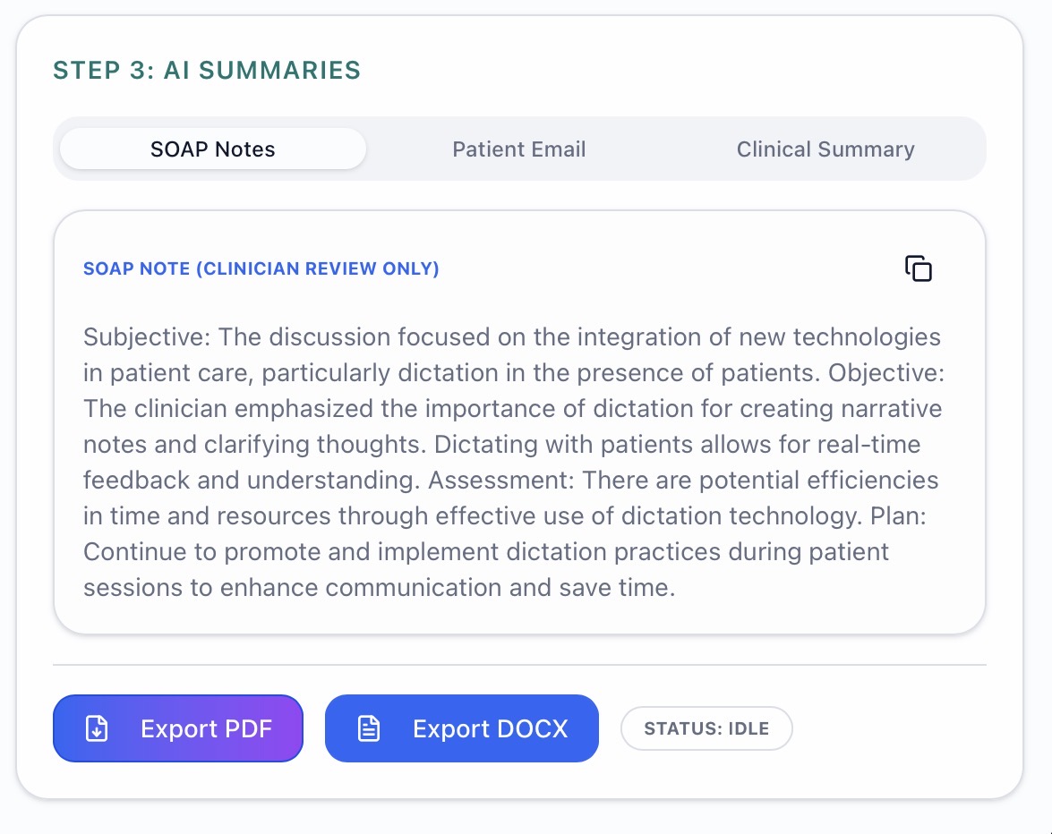 CounselPad AI-generated SOAP Note showing Subjective, Objective, Assessment, and Plan sections with Export PDF and Export DOCX buttons