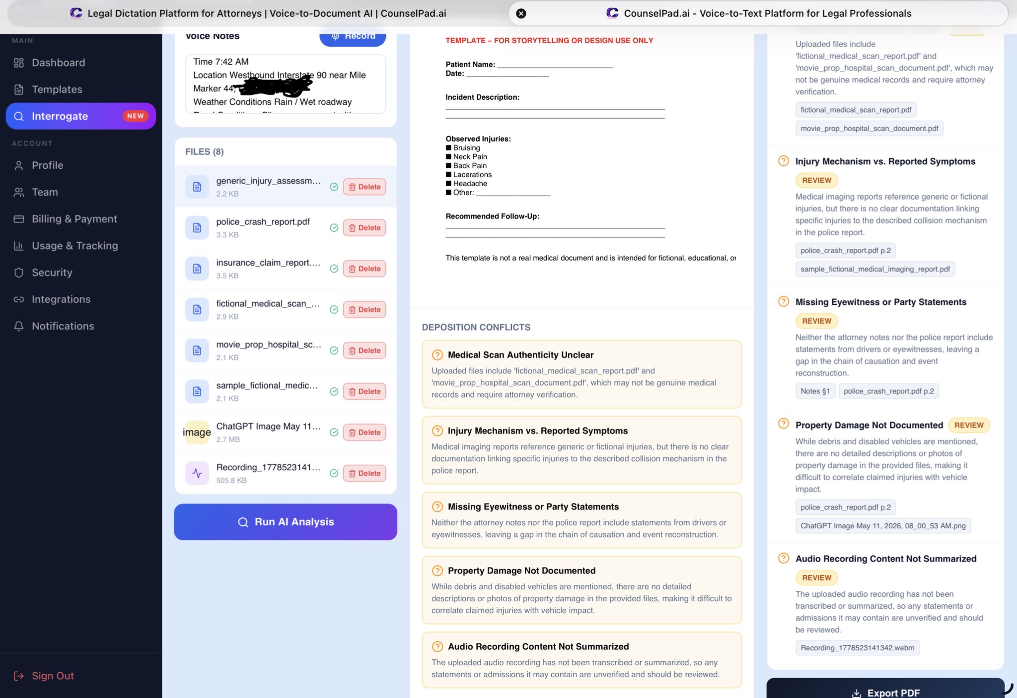 CounselPad Interrogate audit trail showing uploaded files, deposition conflicts, AI findings with severity flags, and attorney-review export