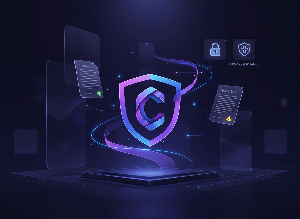 CounselPad branded features overview showing AI-powered legal document organization with security and compliance