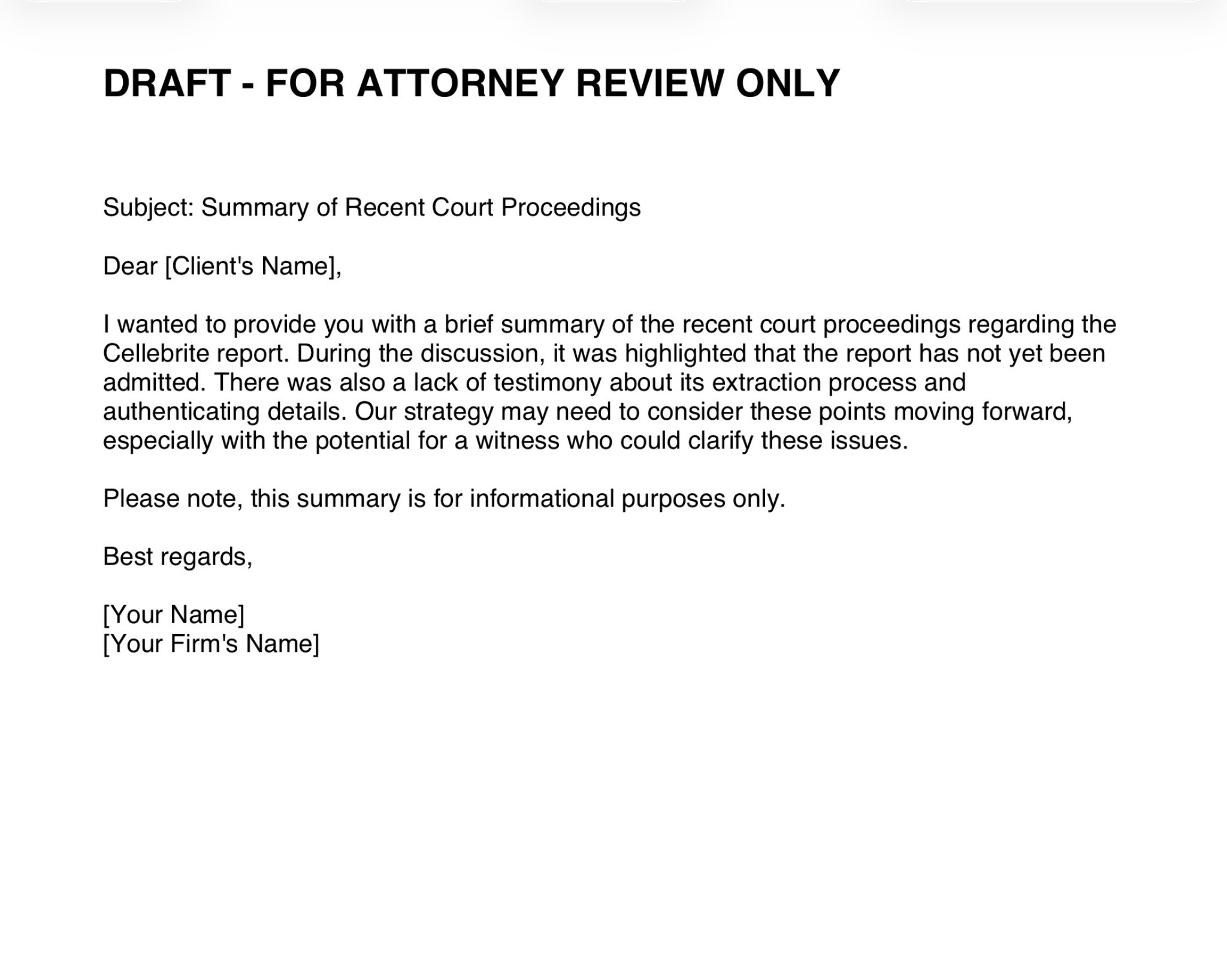 CounselPad AI-generated client summary letter — Summary of Recent Court Proceedings regarding Cellebrite report admissibility
