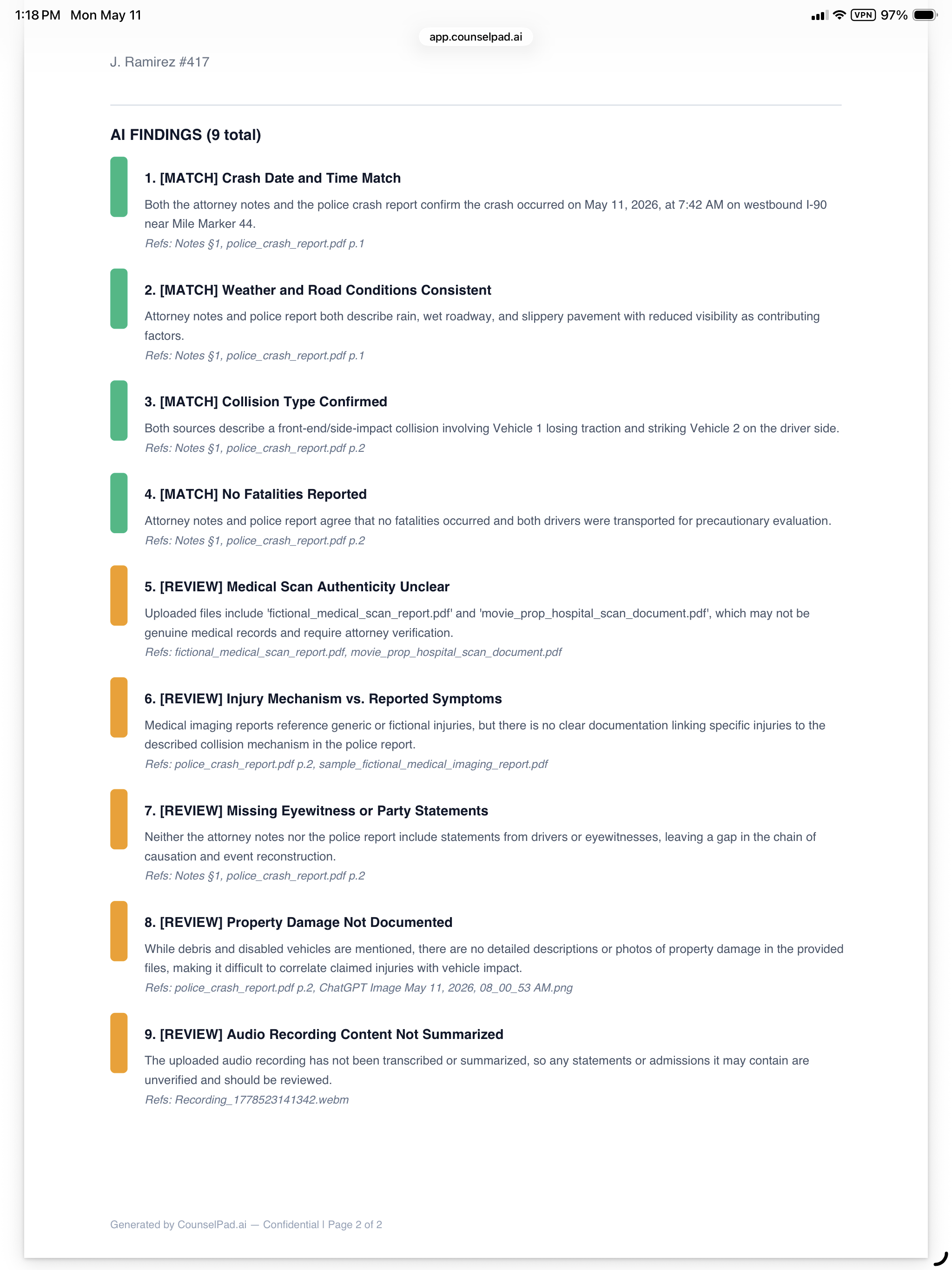 CounselPad Interrogate feature showing AI cross-referencing evidence files against attorney notes with severity-ranked findings