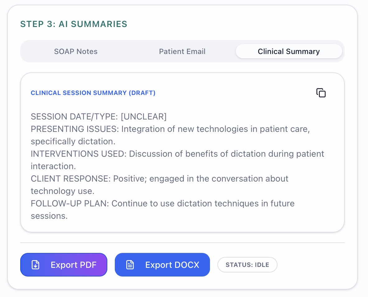 CounselPad AI-generated Clinical Session Summary showing Session Date, Presenting Issues, Interventions Used, Client Response, and Follow-Up Plan with Export PDF and Export DOCX buttons