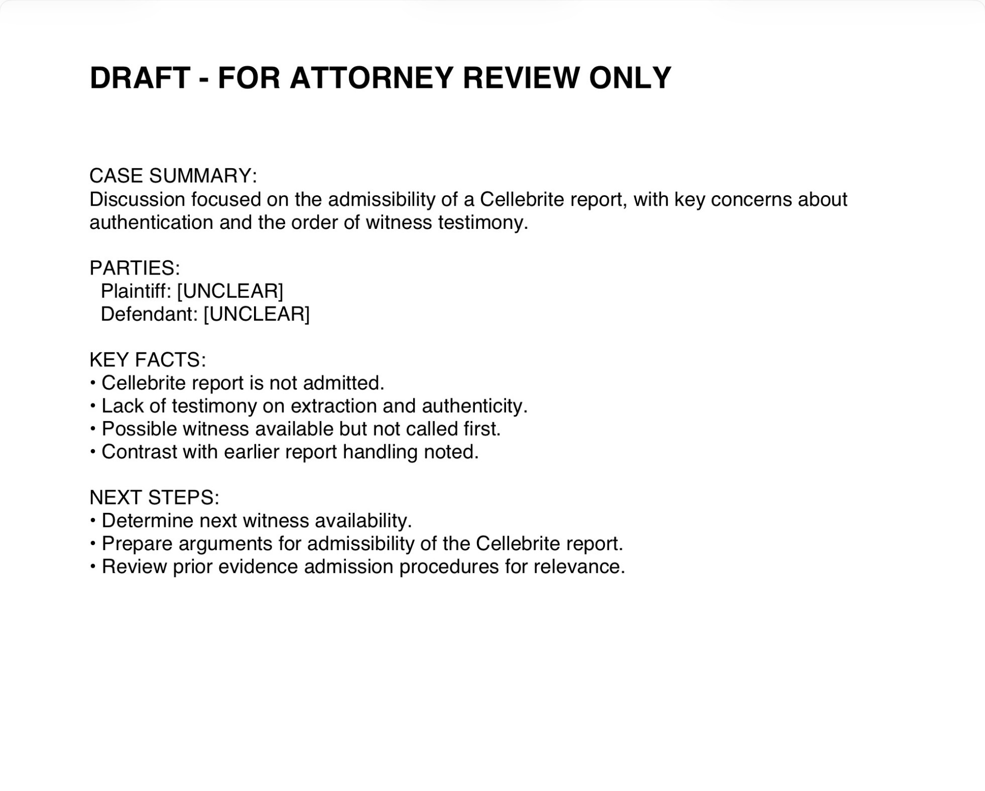 CounselPad AI-generated case summary with parties, key facts, and next steps for Cellebrite report admissibility case