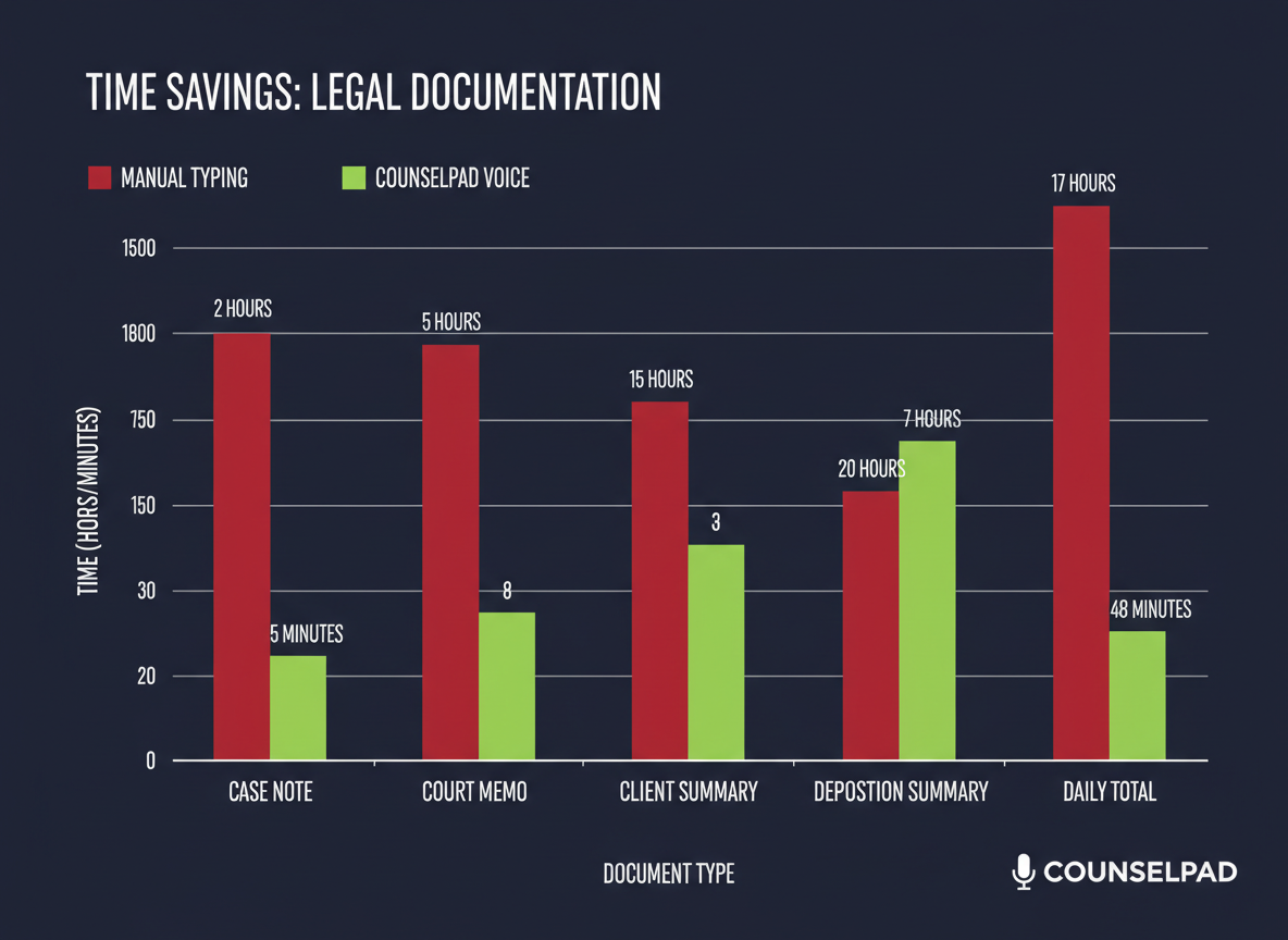 ROI chart showing time savings comparison between manual typing and CounselPad voice documentation