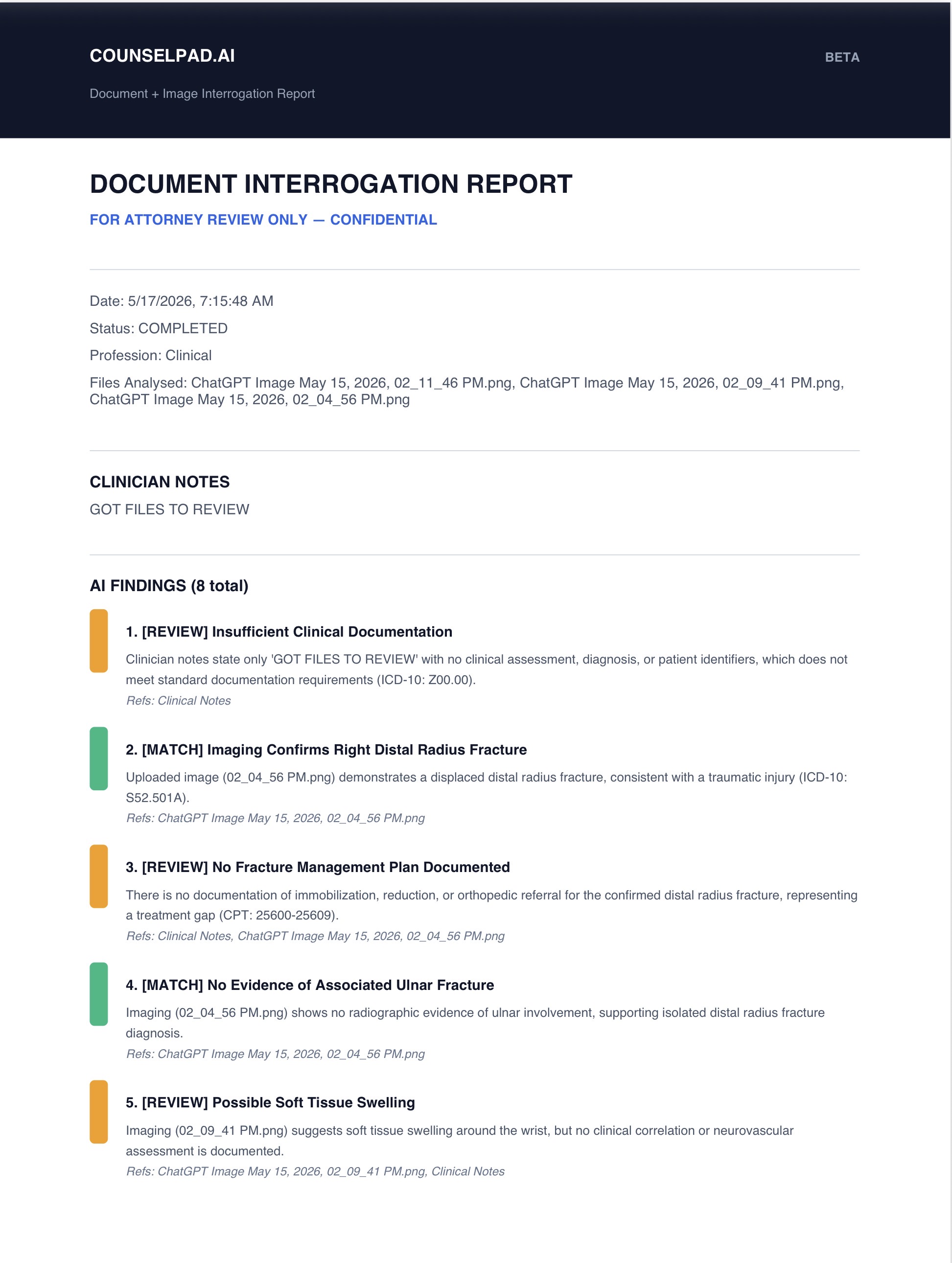 CounselPad Document Interrogation Report showing AI findings with matched and review-flagged results, severity indicators, and source citations