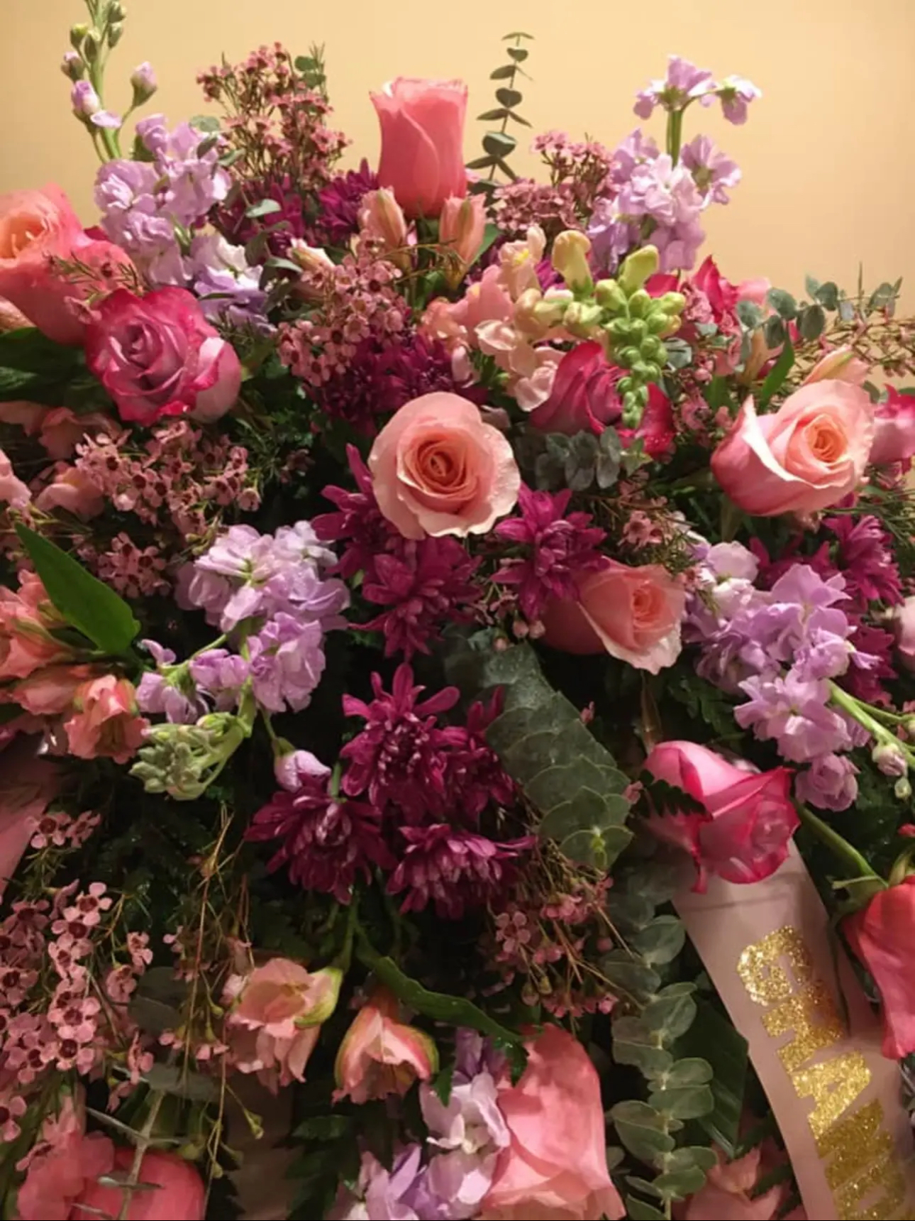 Pink roses and lavender stock spray