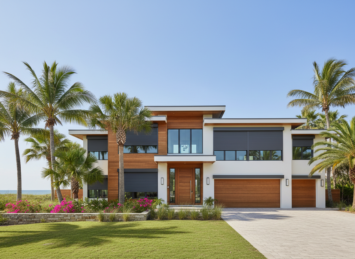 Space Coast home exterior with hurricane-rated shutters