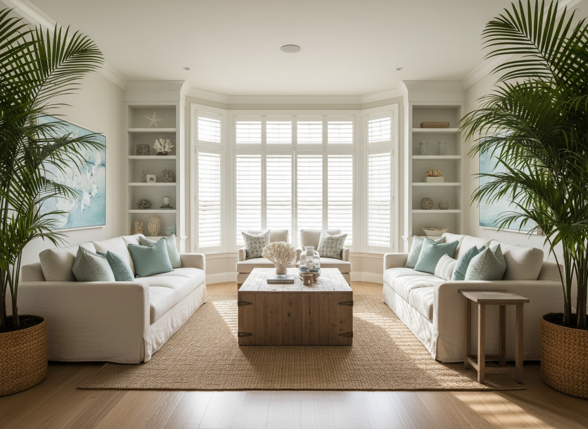 Interior bay window with custom plantation shutters installed