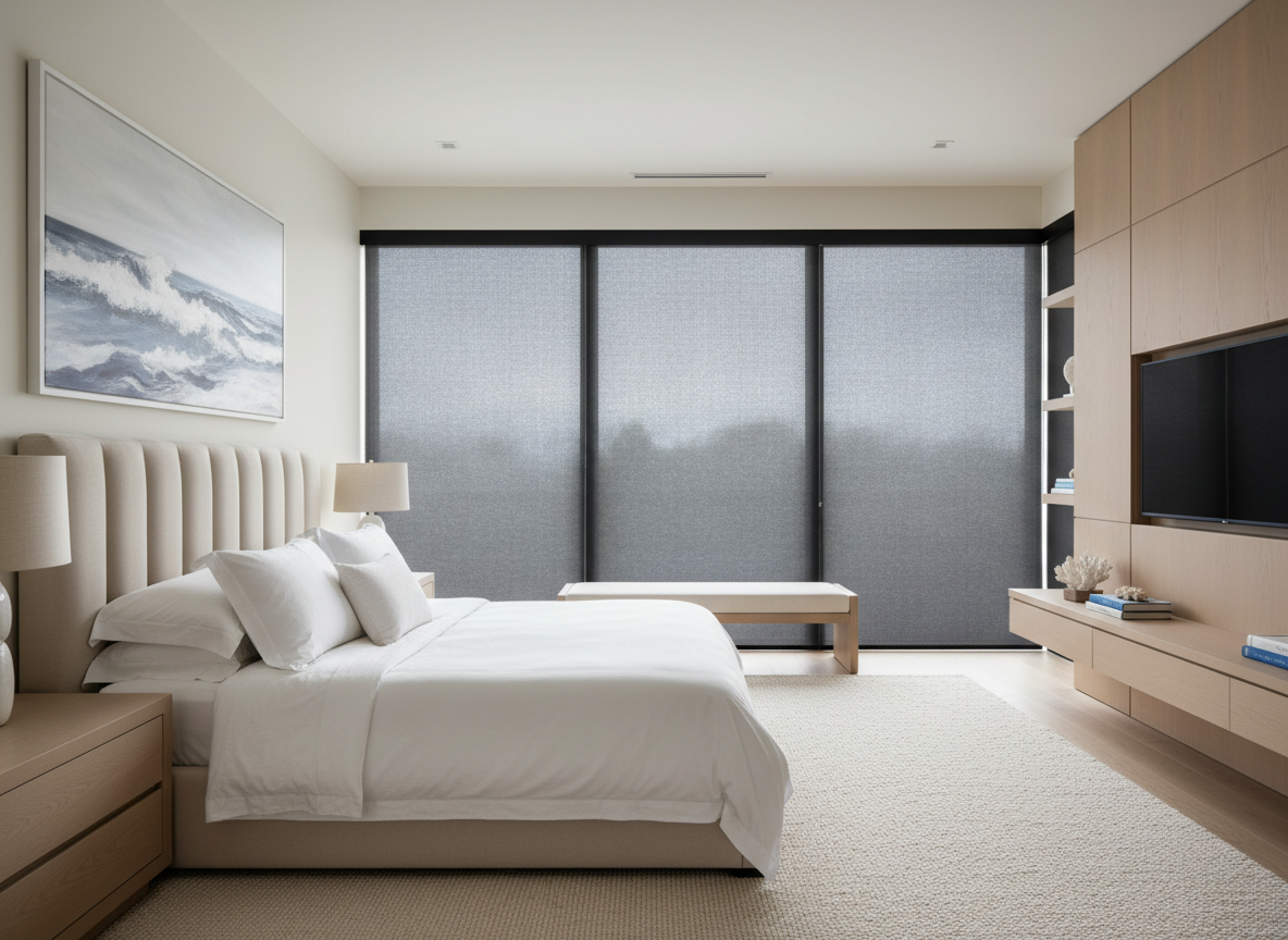 Modern coastal bedroom with blackout motorized shades fully lowered