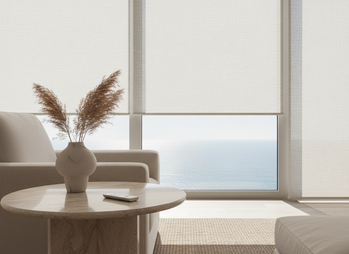 Modern coastal interior with motorized shades and bright natural light