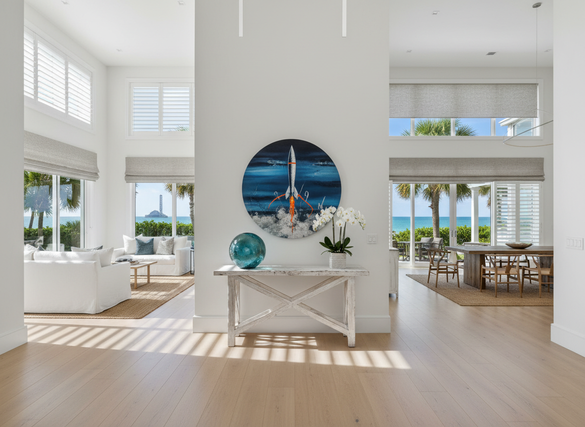 Bright coastal modern luxury open-concept interior with shutters and shades visible