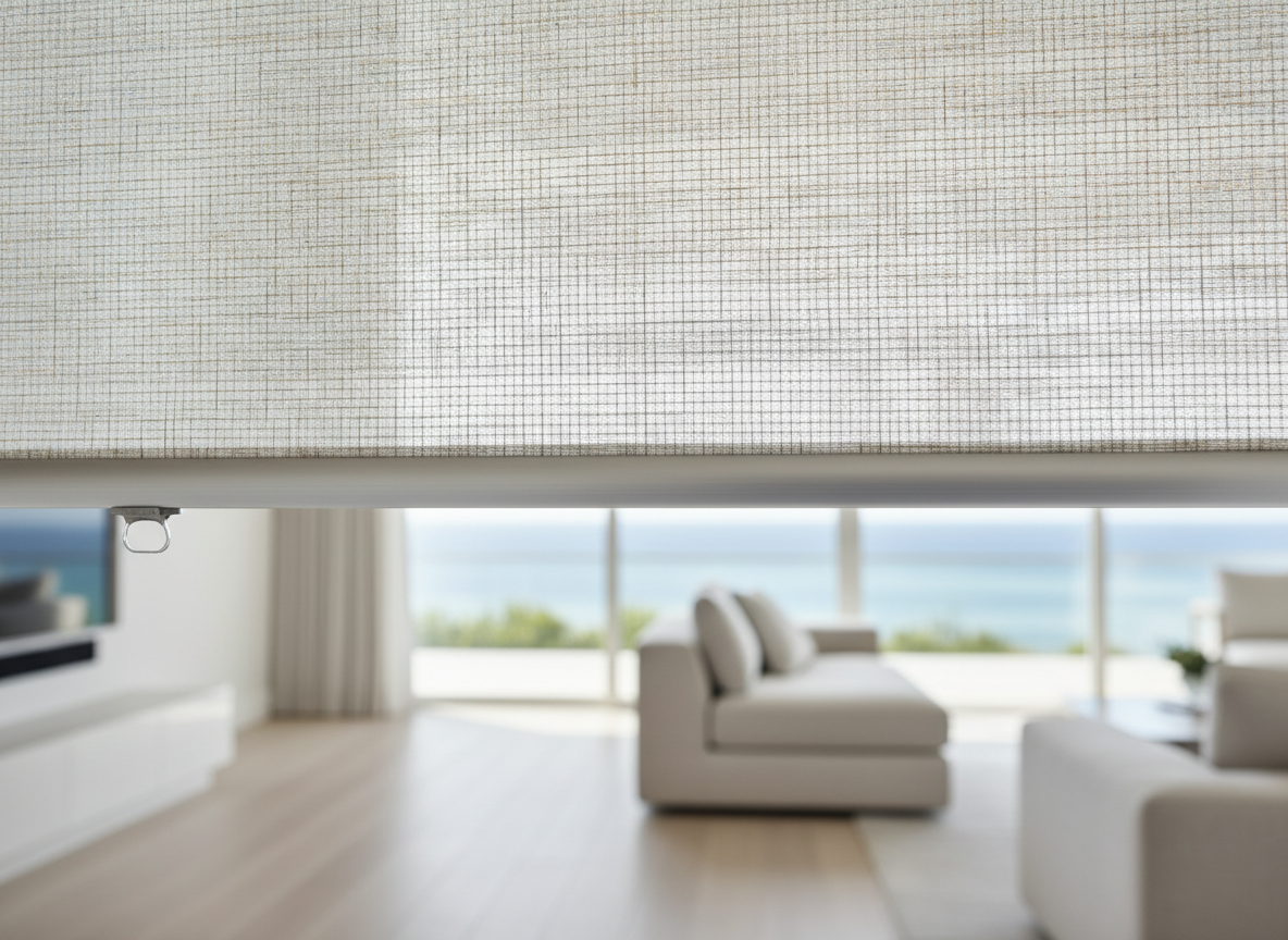 Close-up detail of motorized shade fabric and hem bar